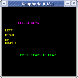 define keys: SELECT KEYS LEFT: RIGHT: UP: DOWN: PRESS SPACE TO PLAY