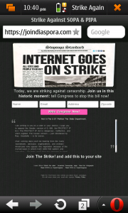 internet goes on stryke. sopa. opera. n900. screenshot